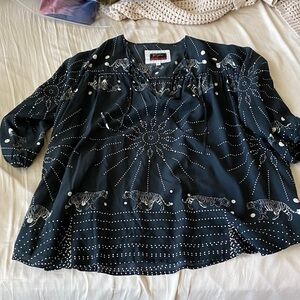 Johnny Was Charcoal and White Animal Print Top